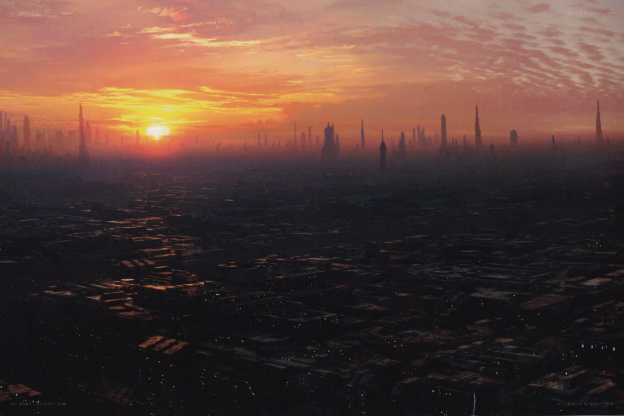 sunset over a futuristic city