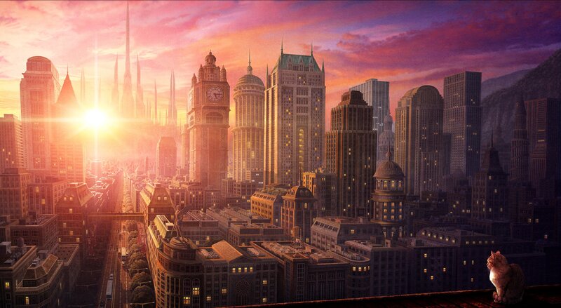 sunset over a futuristic city