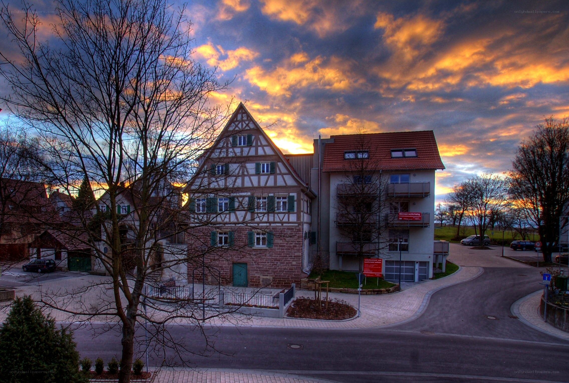 Sunset over a German village