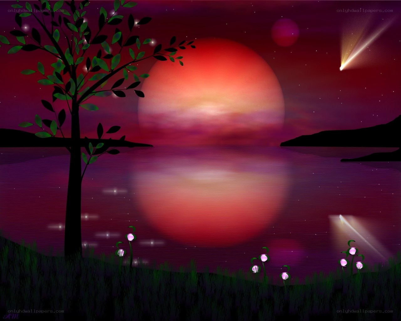 sunset over a glowing lake