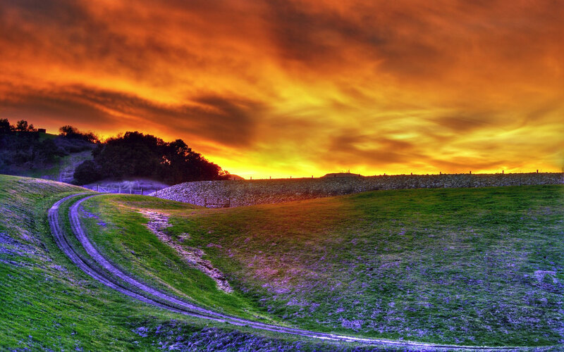 Sunset over a grassy hill
