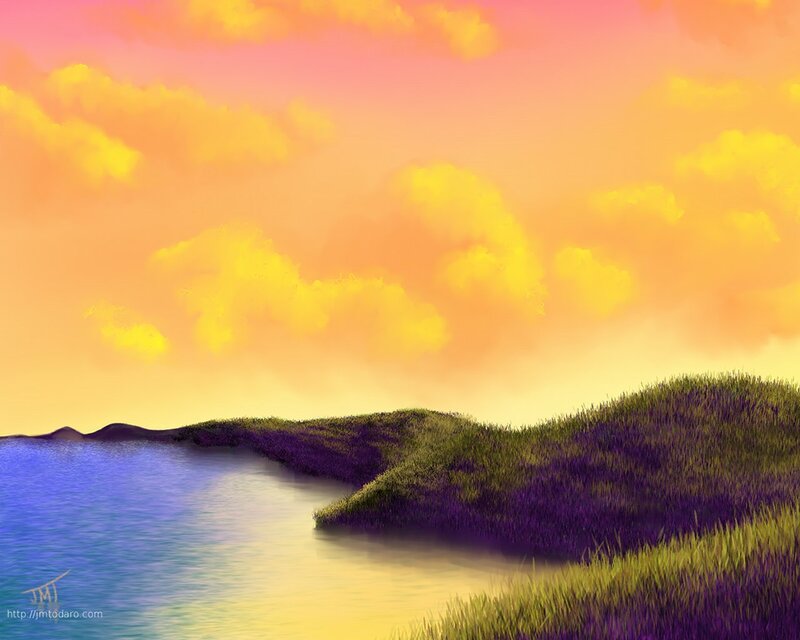 sunset over a grassy island