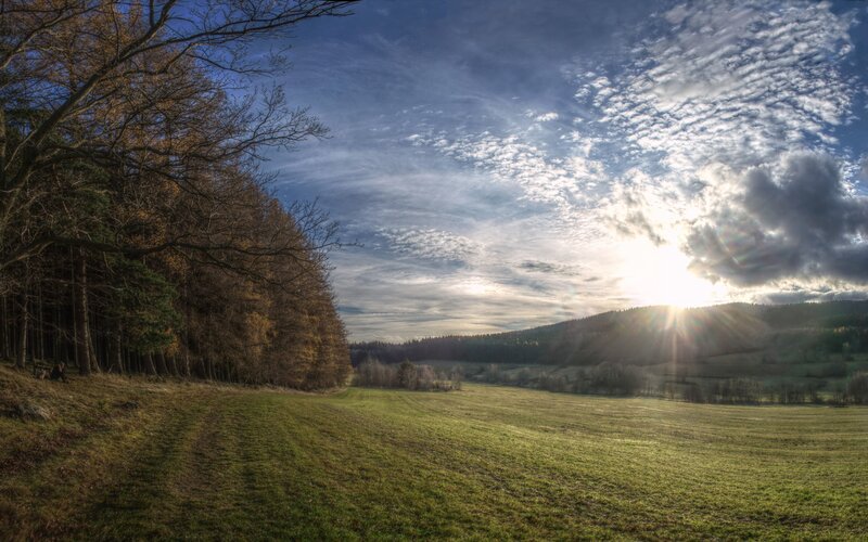 Sunset over a green field
