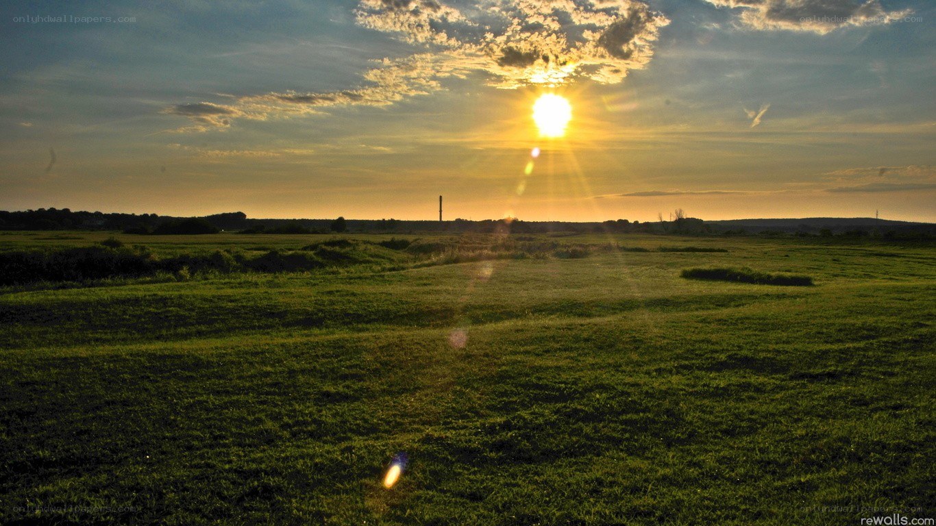 Sunset over a green field