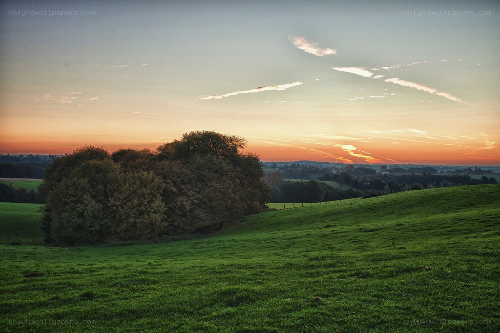 Sunset over a green hill