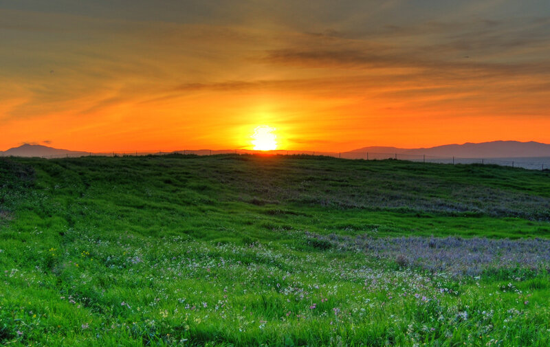 Sunset over a green hill