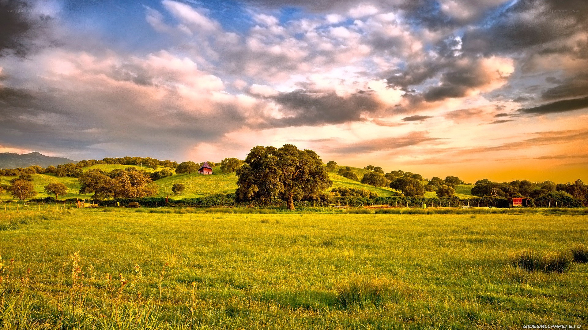 Sunset over a green valley