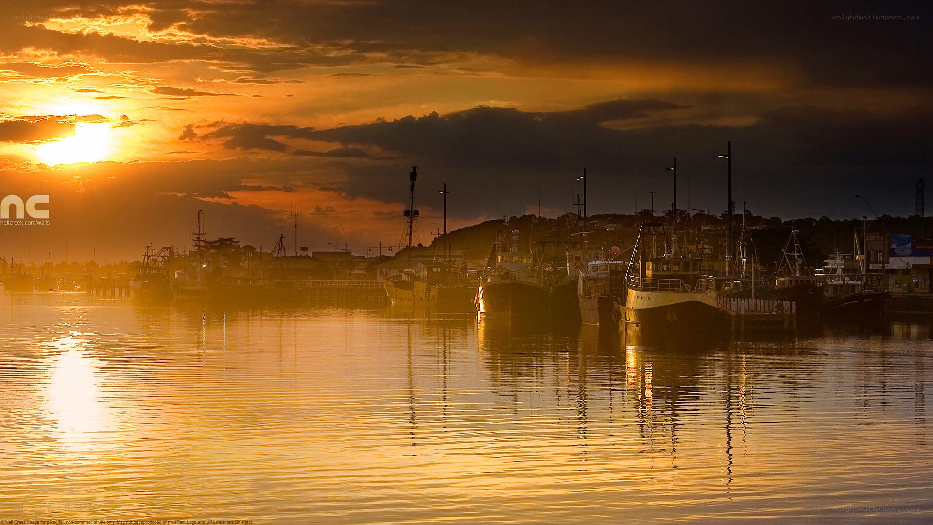 Sunset over a harbor
