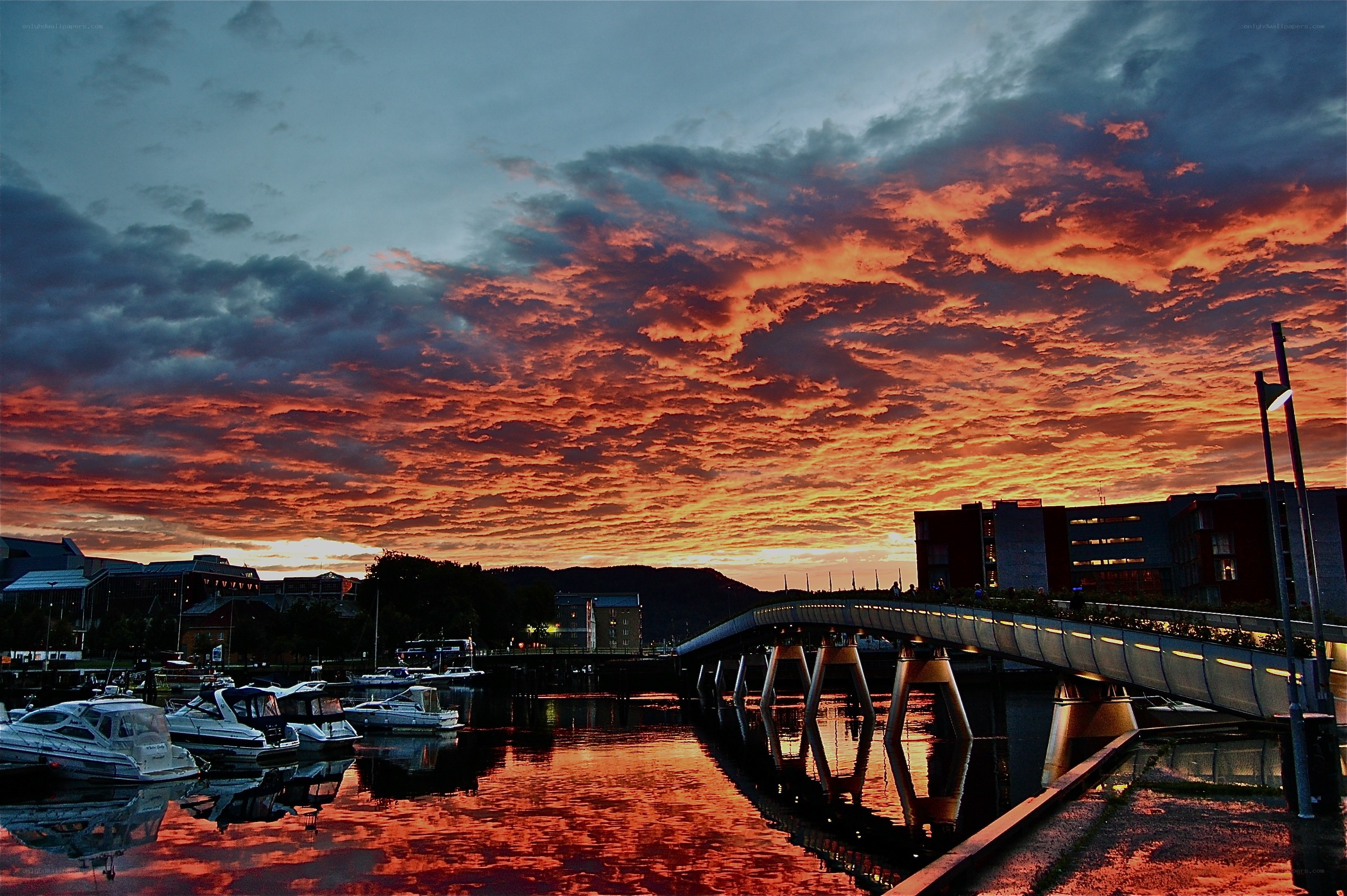Sunset over a harbor bridge