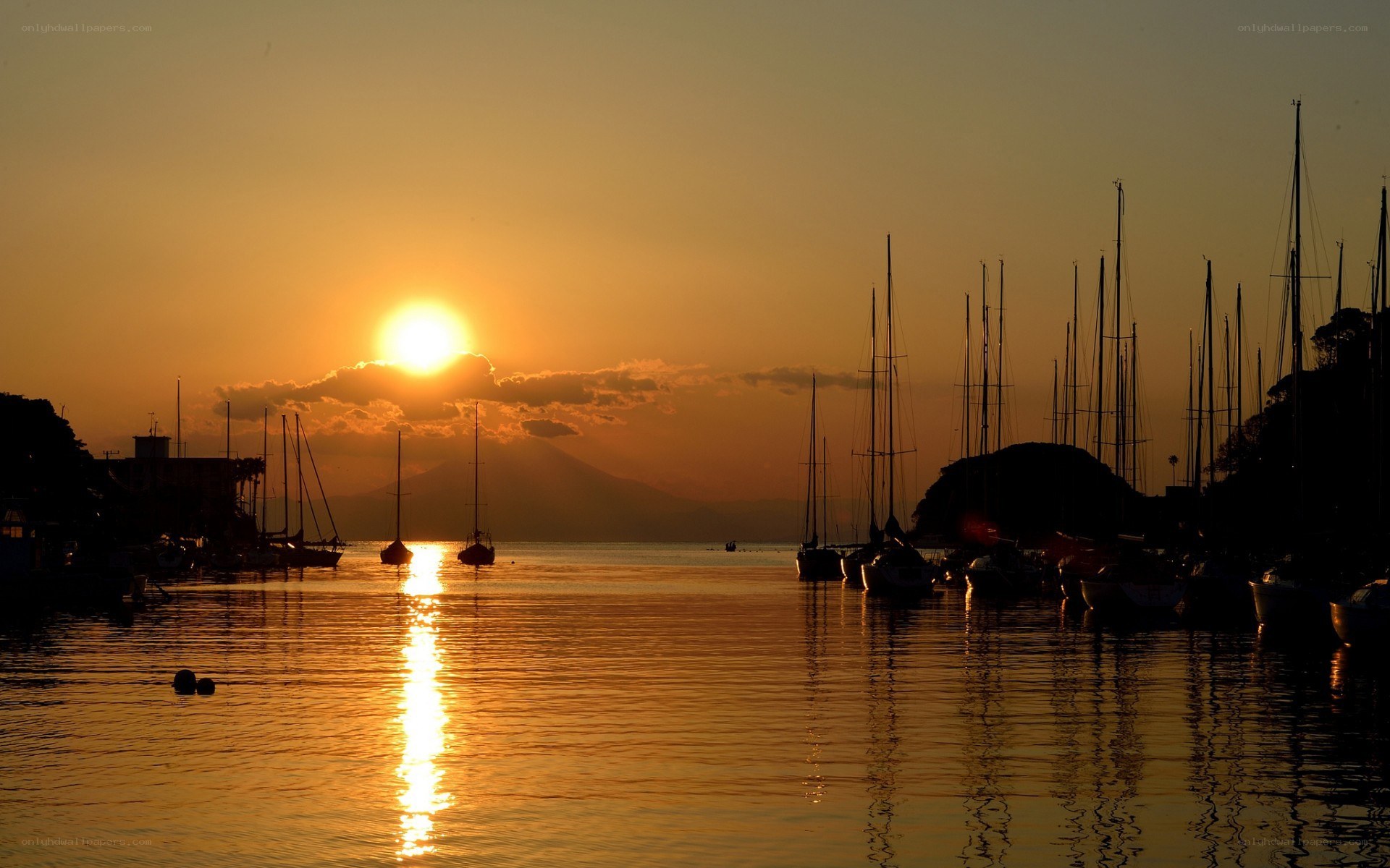 Sunset over a harbor with sailboats