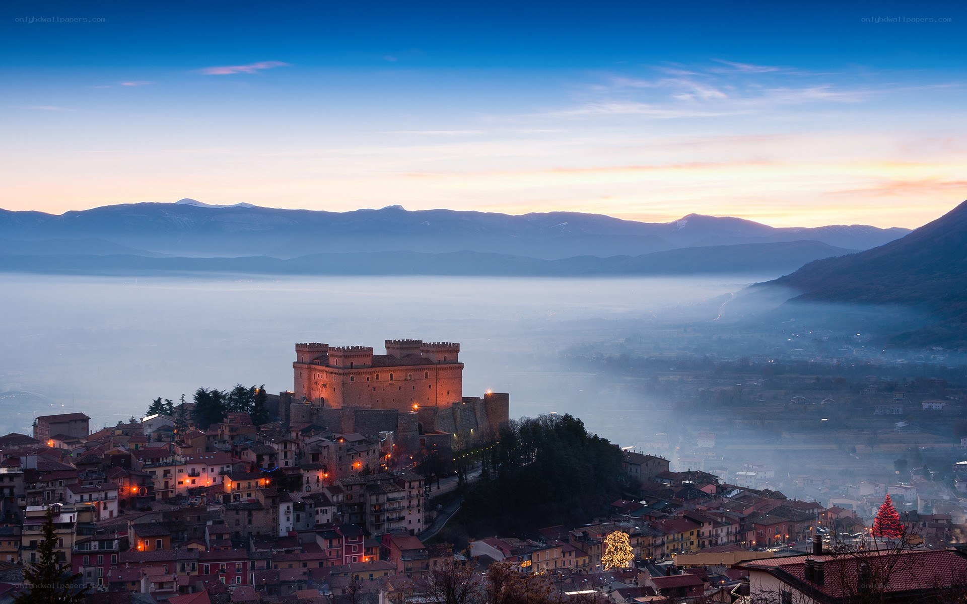 Sunset over a historic castle town