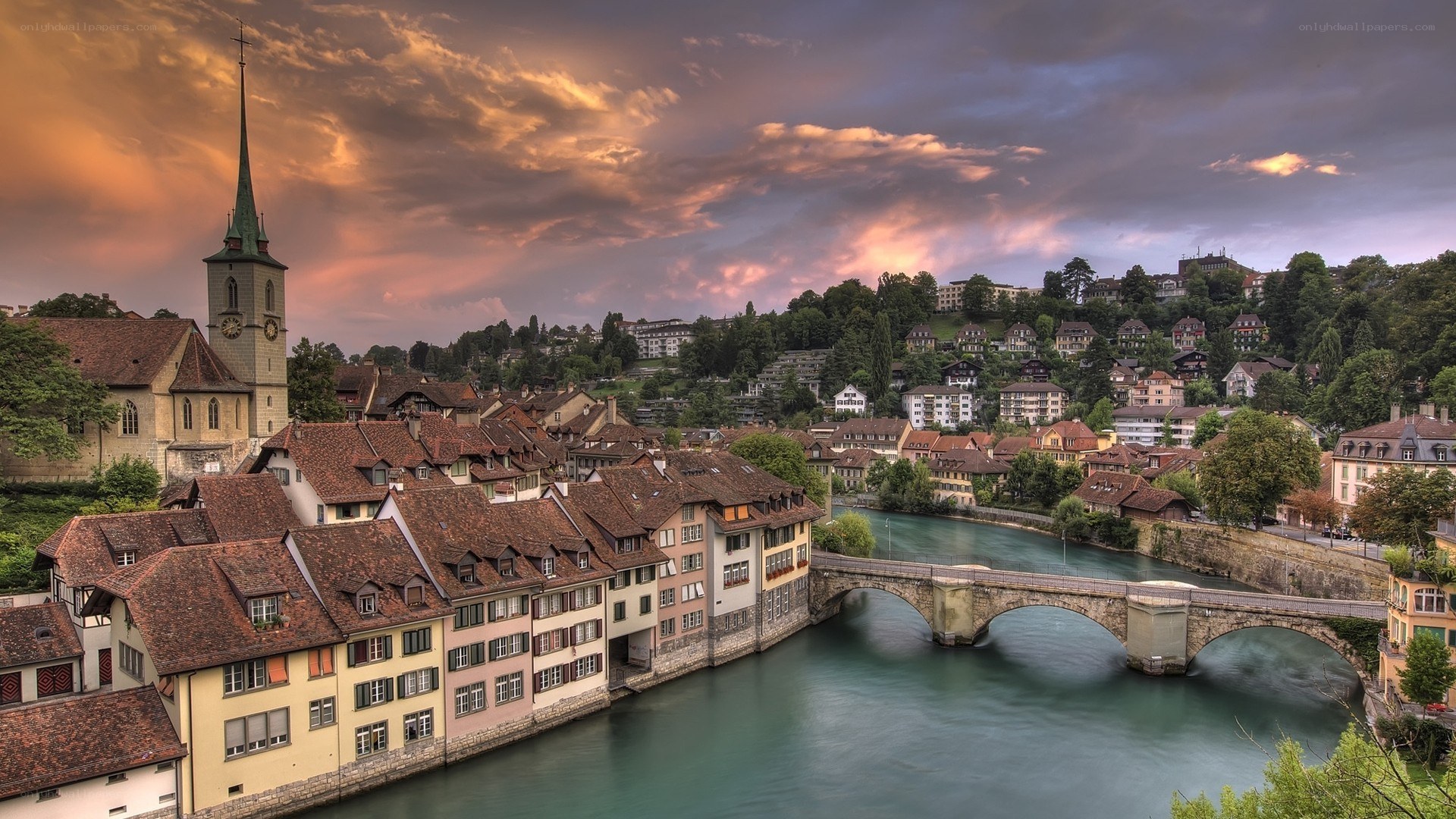 Sunset over a historic European town