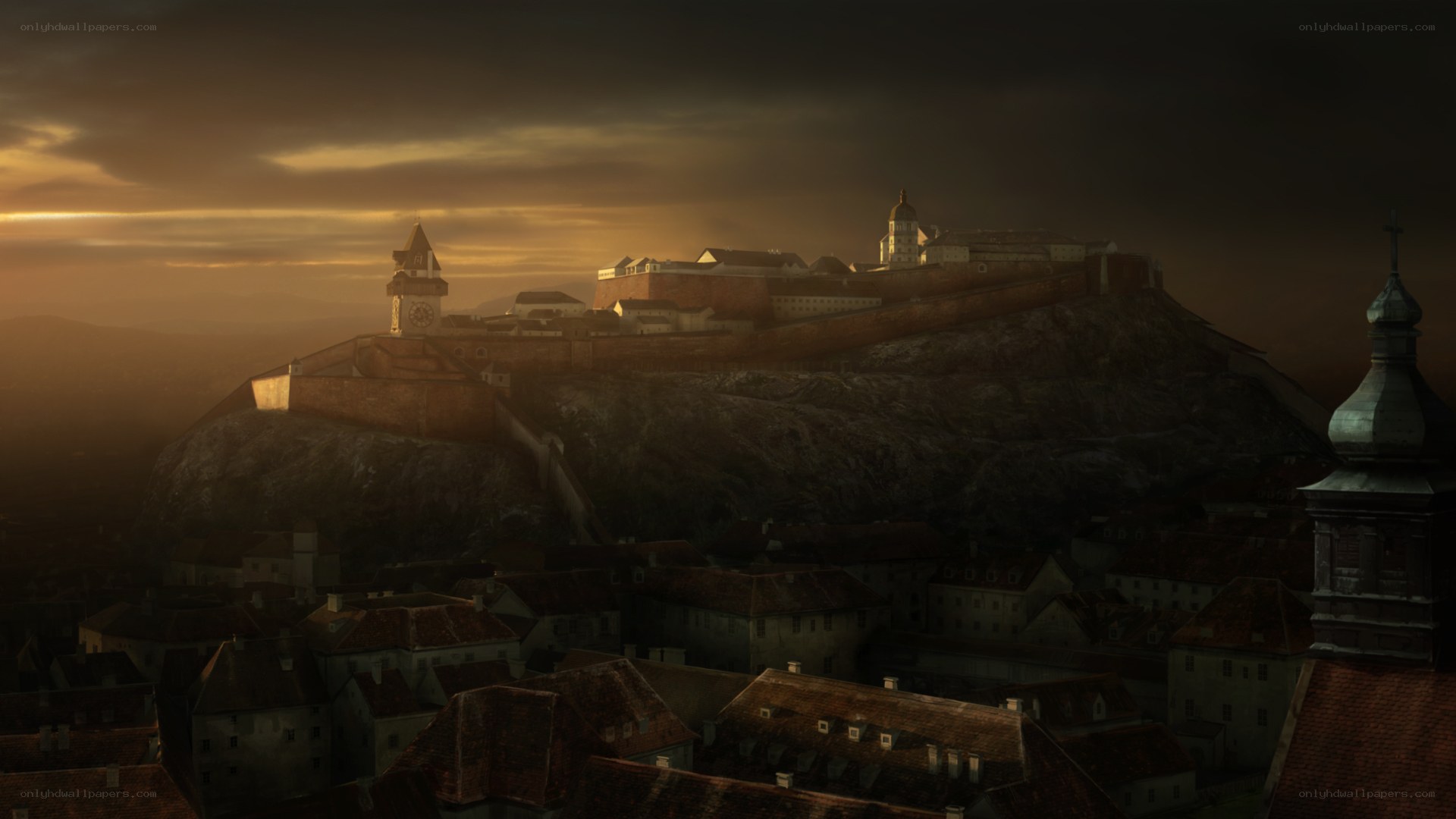 Sunset over a historic fortress