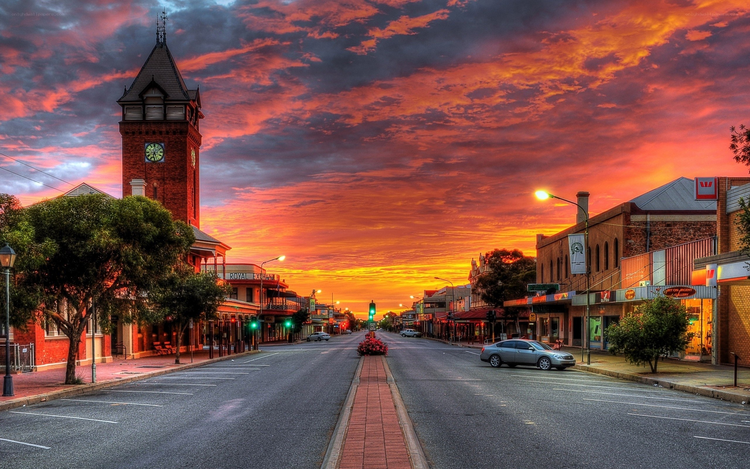 Sunset over a historic town street