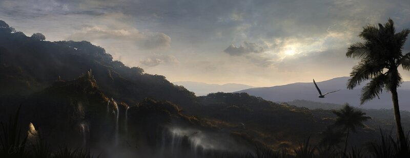 Sunset over a jungle landscape