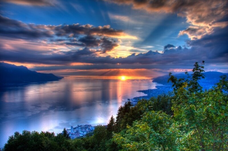 Sunset over a lake at dusk