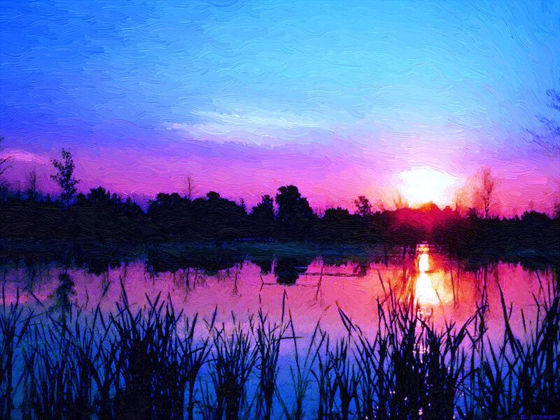 Sunset over a Lake — Blue, Serene, Digital Art