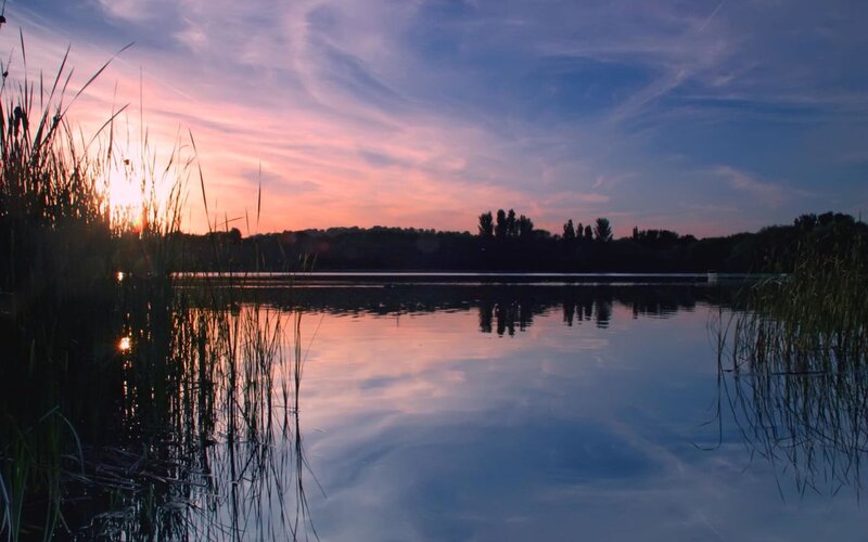 Sunset over a Lake — Blue, Serene, Photograph, Reeds