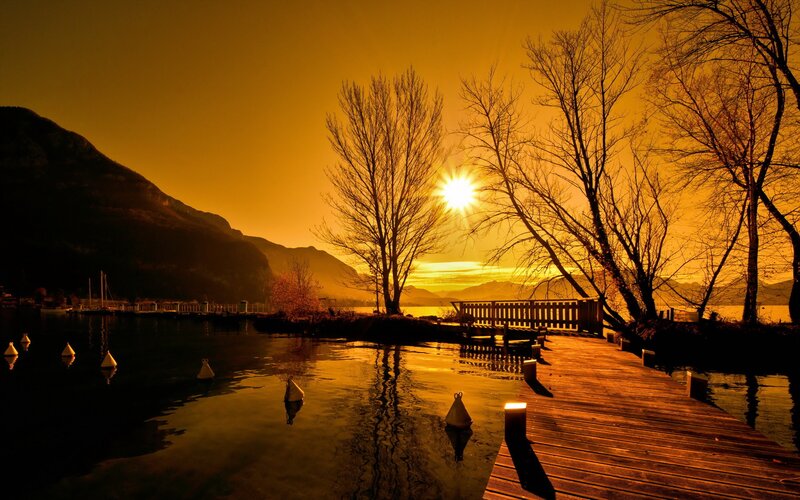 Sunset over a lake dock