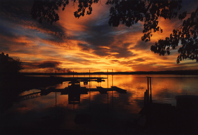 Sunset over a lake dock