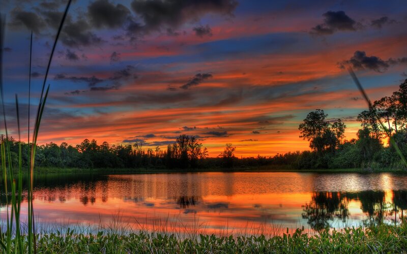 Sunset over a Lake — Orange, Dramatic, Photograph