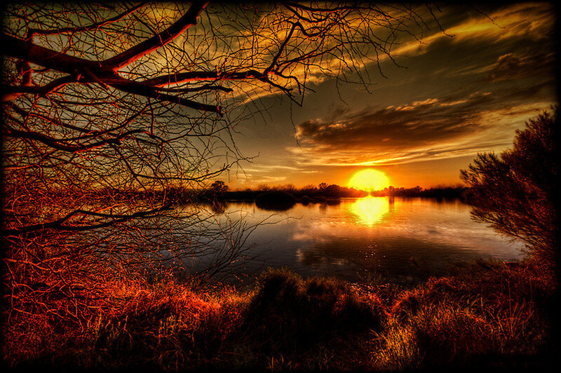Sunset over a Lake — Orange, Dramatic, Photograph, Trees, Sky, Water