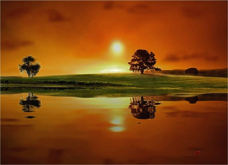 Sunset over a Lake — Orange, Serene, Painting