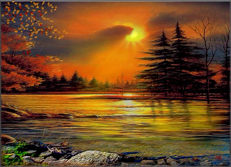 Sunset over a Lake — Orange, Serene, Painting, Trees
