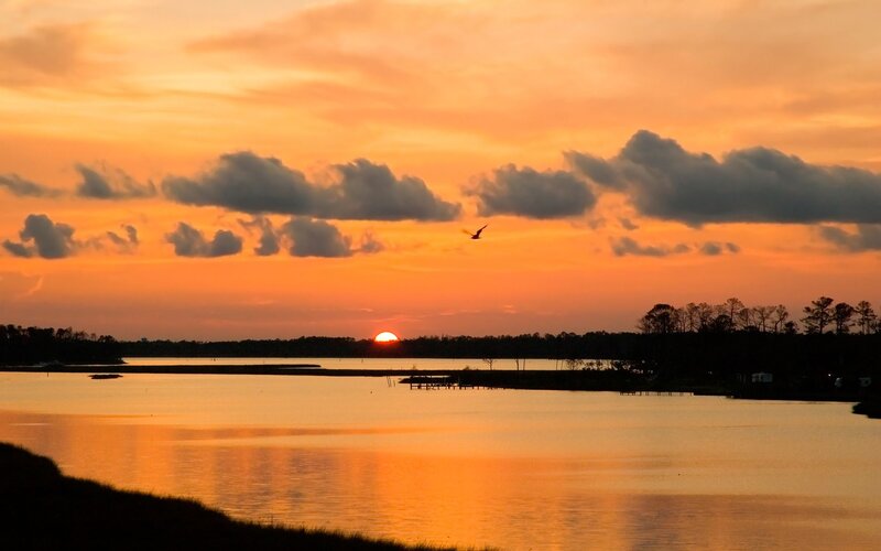 Sunset over a Lake — Orange, Serene, Photograph, Bird