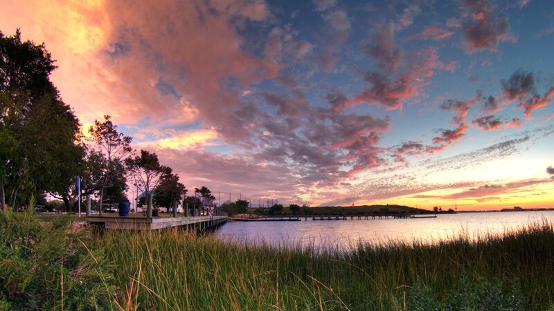 Sunset over a Lake — Orange, Serene, Photograph, Dock