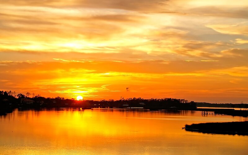 Sunset over a Lake — Orange, Serene, Photograph, Sun