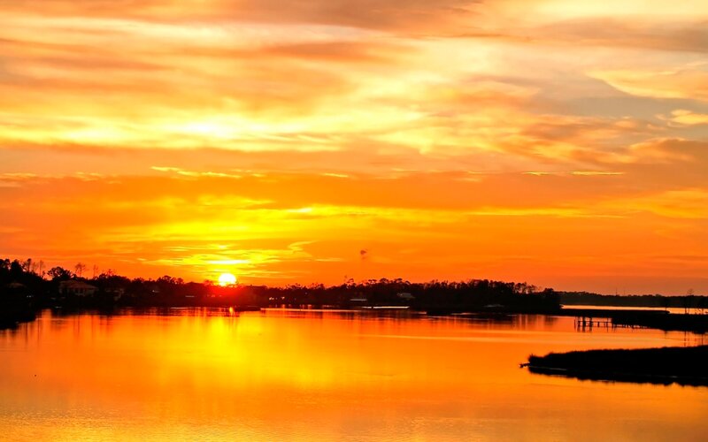 Sunset over a Lake — Orange, Serene, Photograph, Sun, Trees