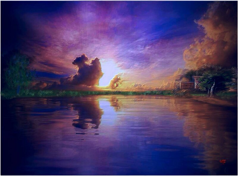 Sunset over a Lake — Purple, Dramatic, Painting