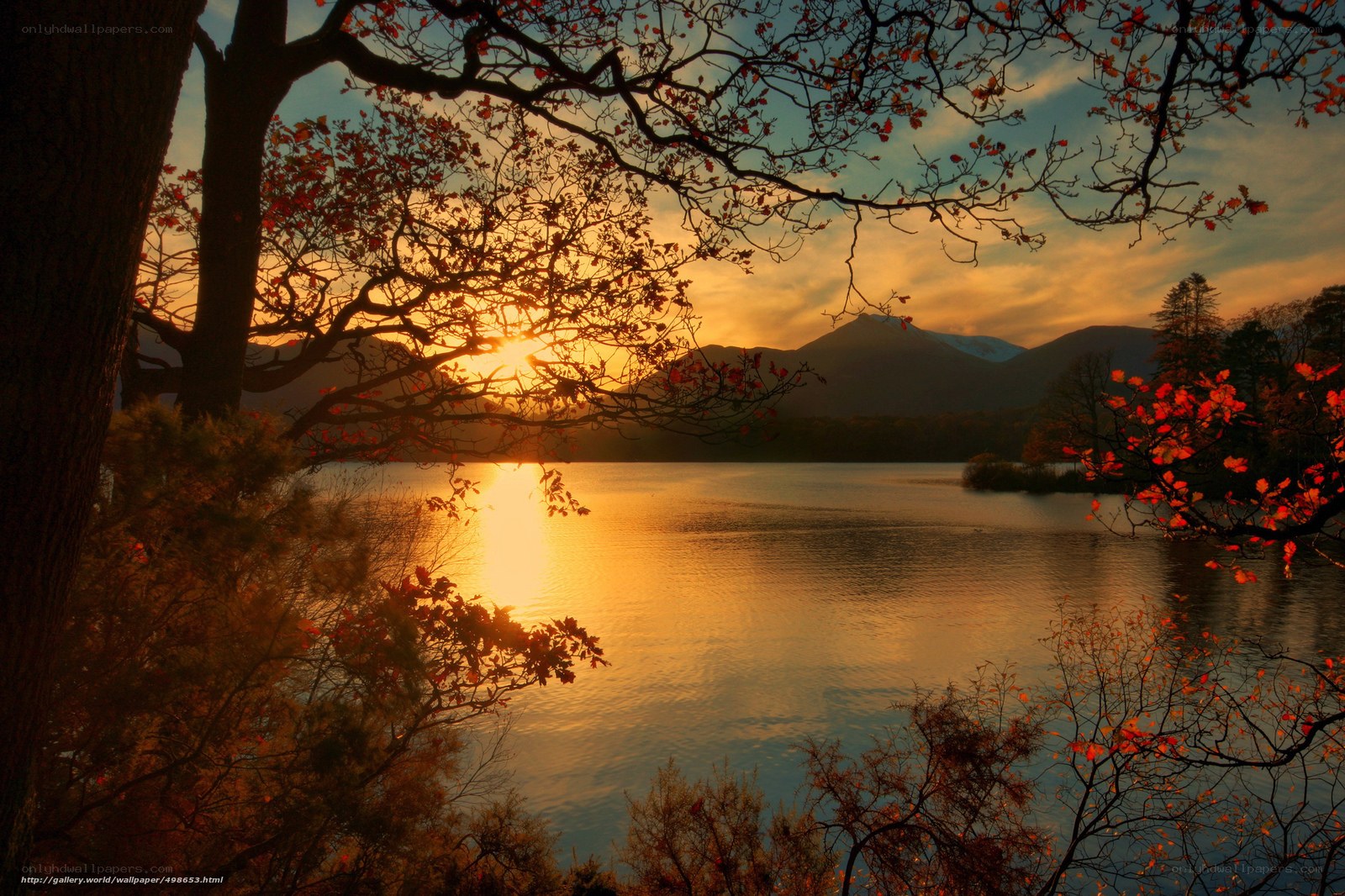 Sunset over a lake with autumn trees