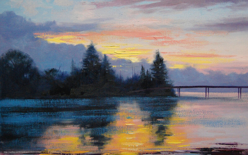 Sunset over a lake with bridge