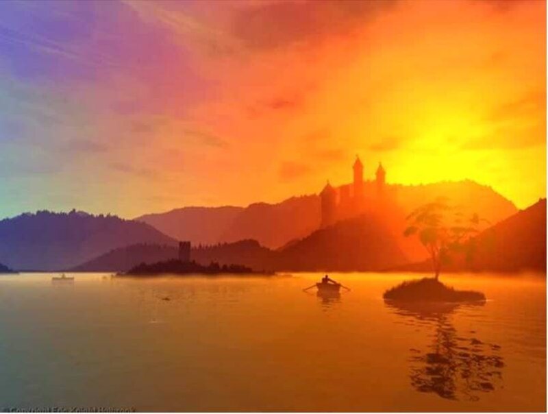 sunset over a lake with castle