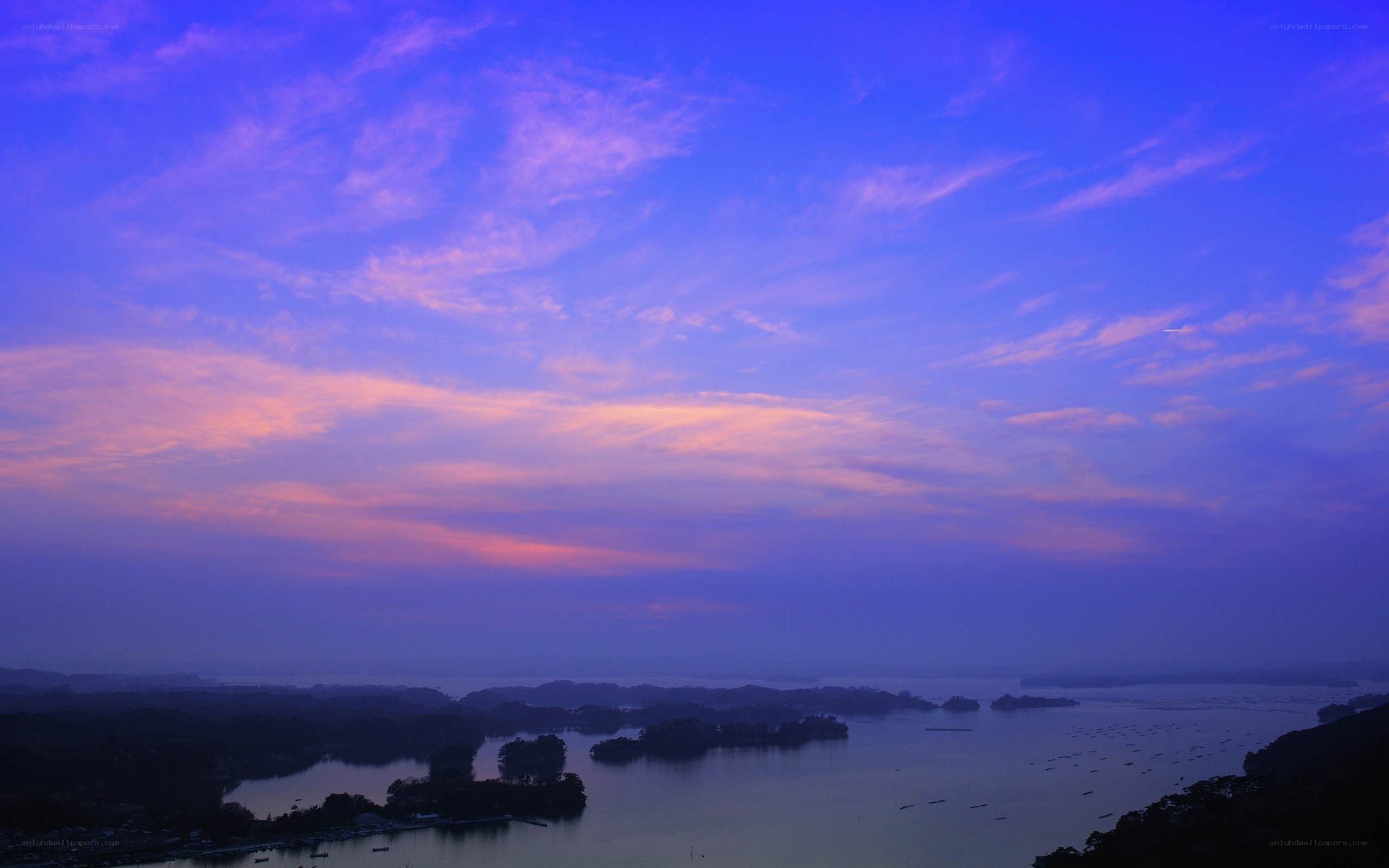 Sunset over a lake with islands