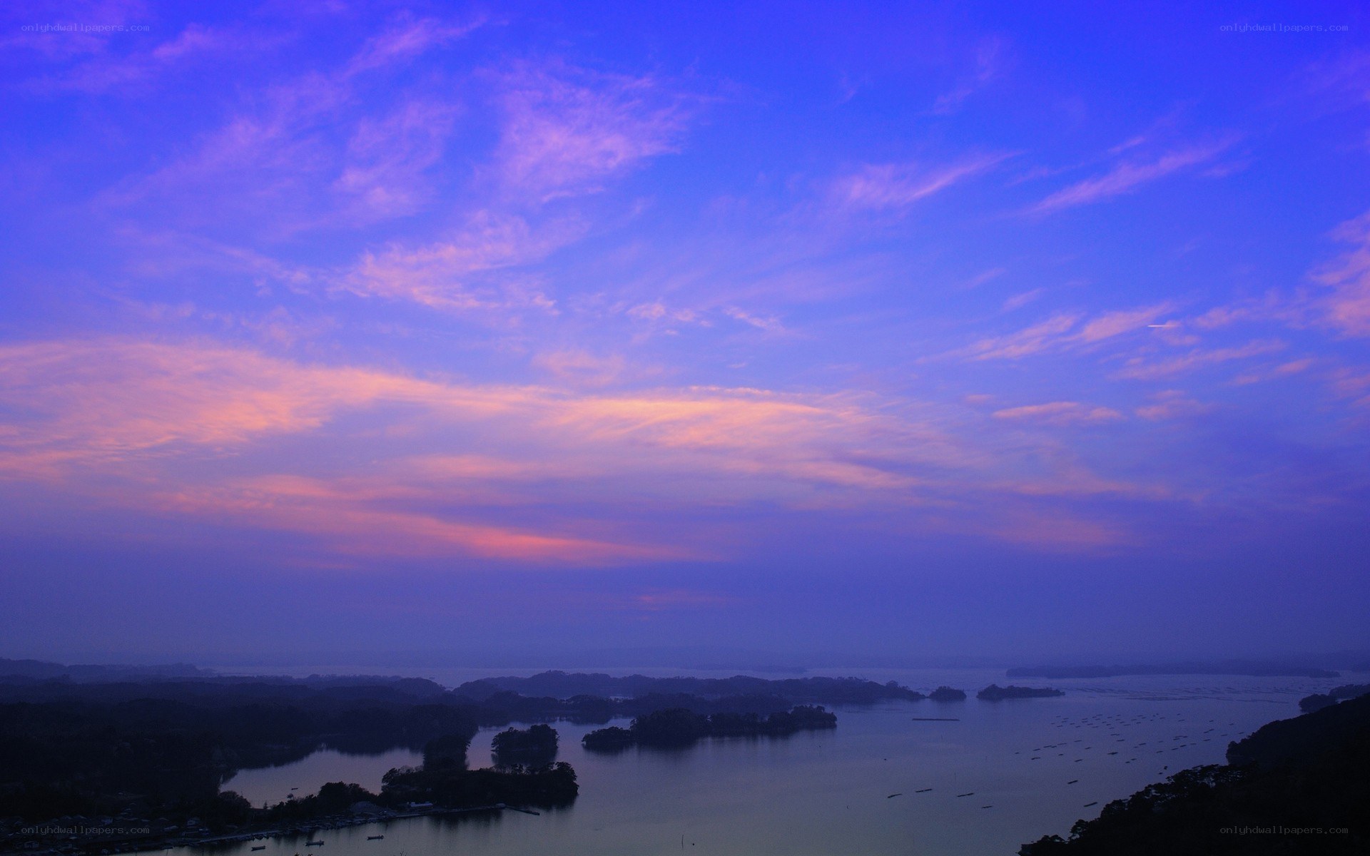 Sunset over a lake with islands