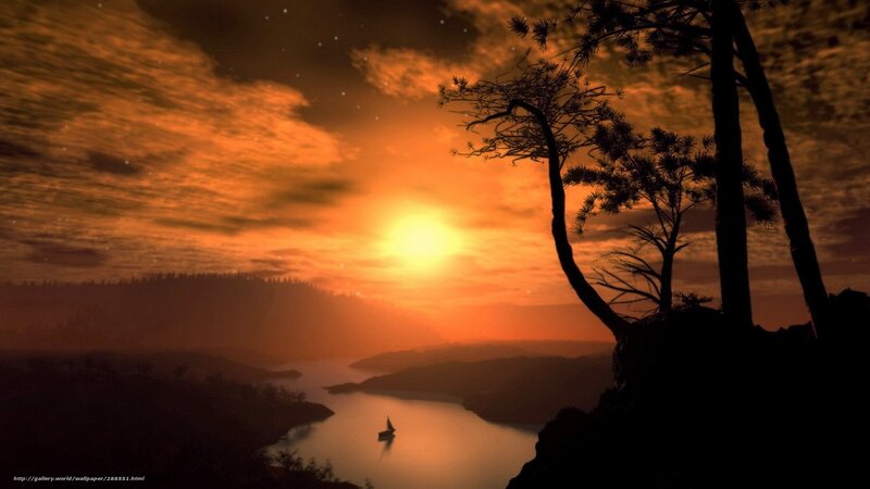 Sunset over a lake with sailboat