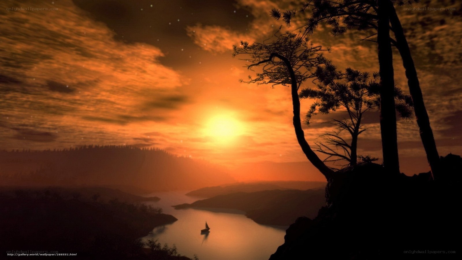 Sunset over a lake with sailboat