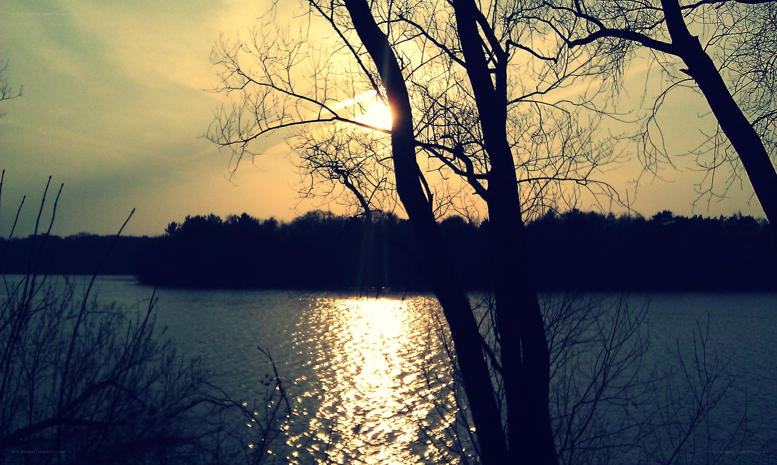 Sunset over a lake with trees