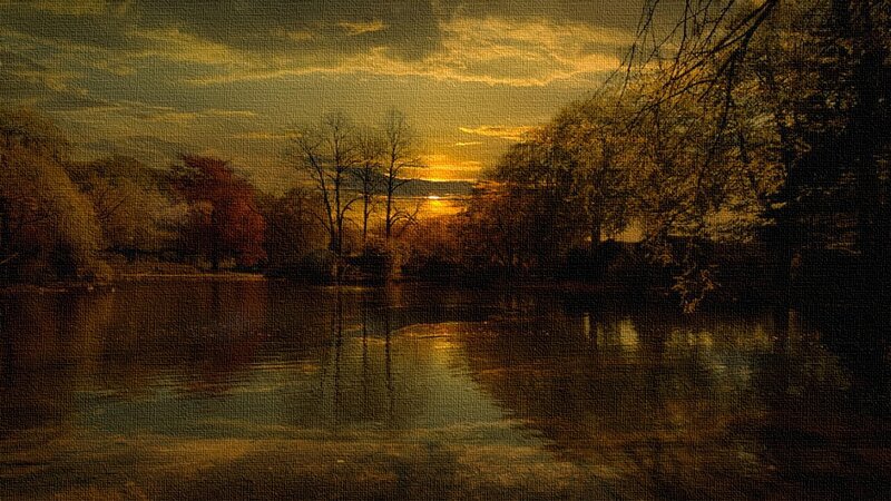 Sunset over a Lake — Yellow, Serene, Painting
