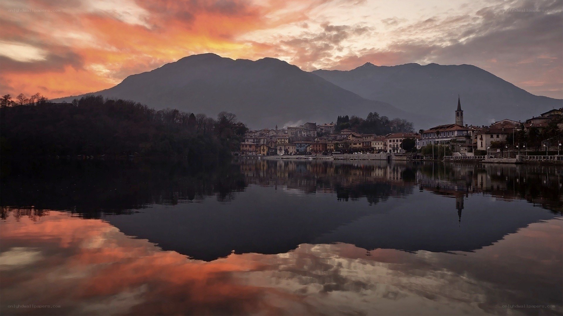 Sunset over a lakeside town