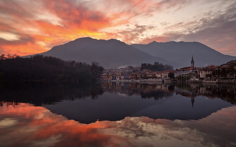 Sunset over a lakeside town