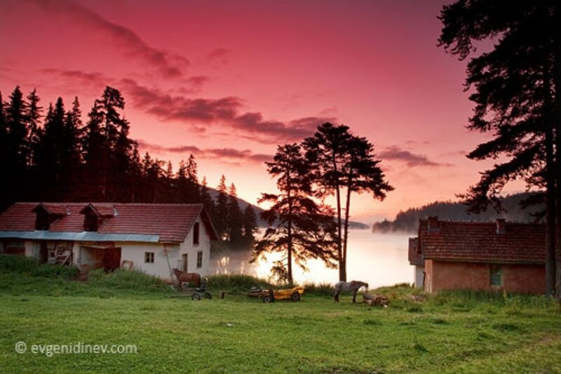 Sunset over a lakeside village