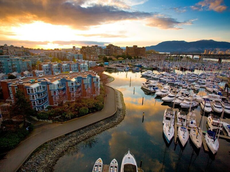 Sunset over a marina in Vancouver