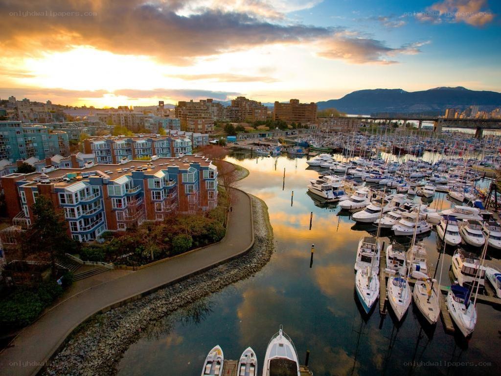 Sunset over a marina in Vancouver