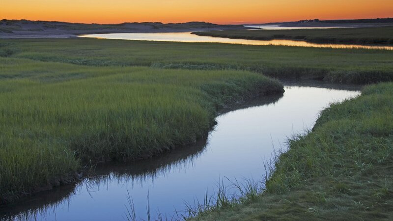 Sunset over a marshland stream