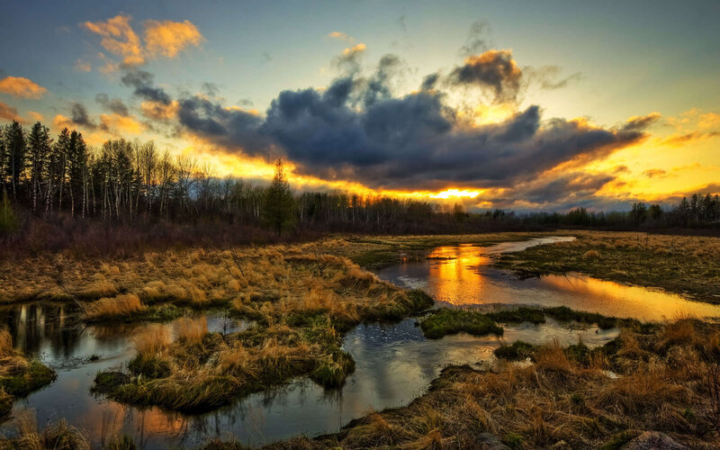 Sunset over a marshy river