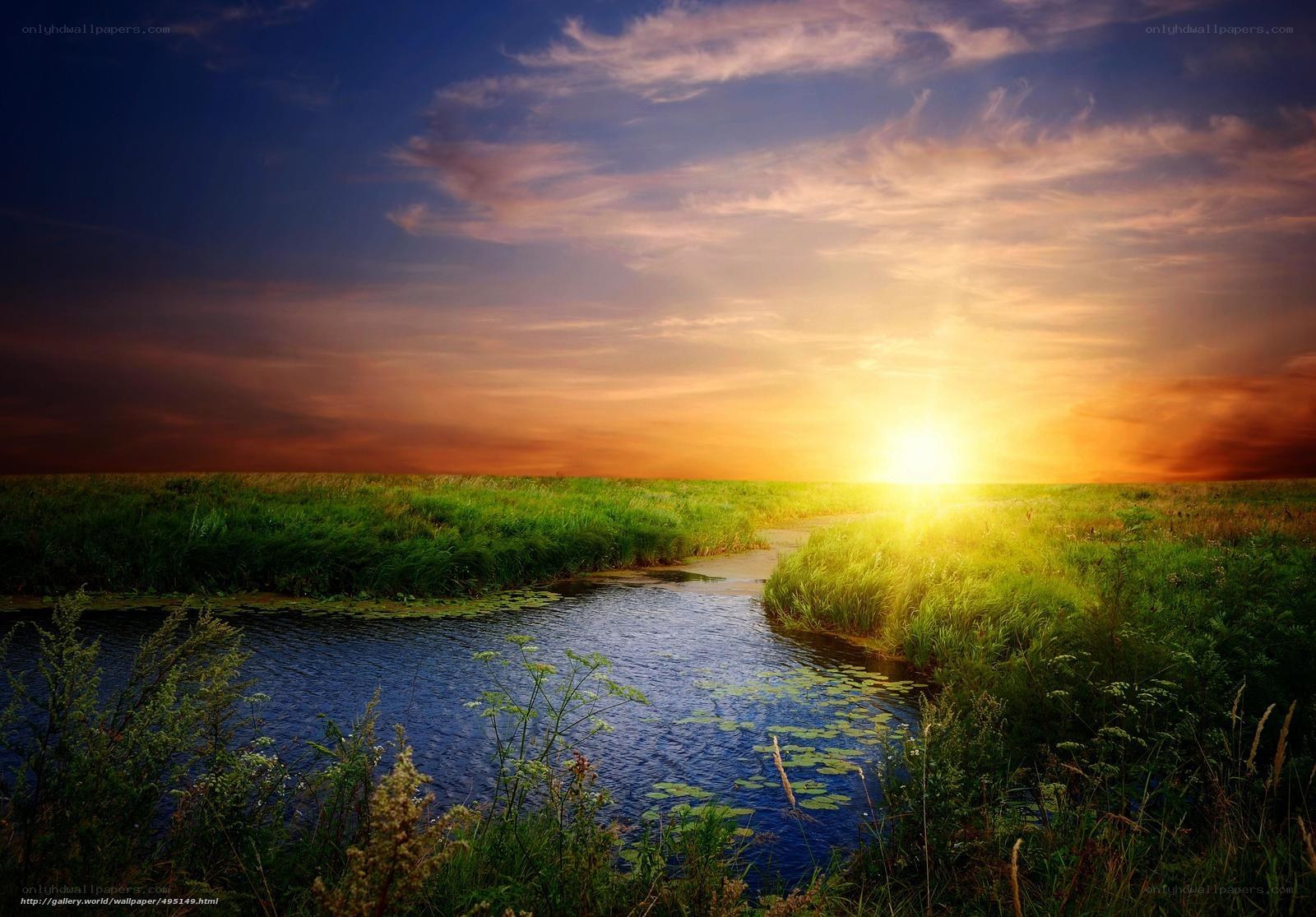 Sunset over a meadow stream